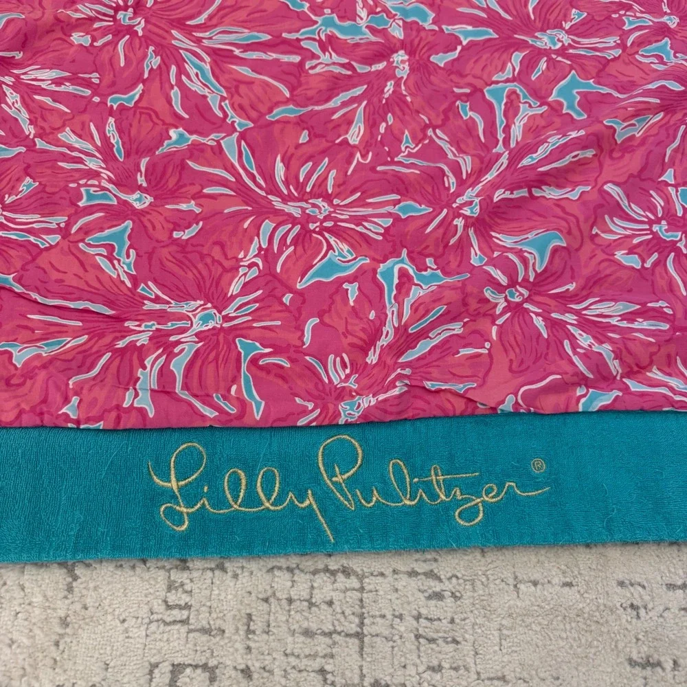 Lilly Pulitzer Pink Floral Teal Border Cotton Beach Towel Blanket Embroidered 72
